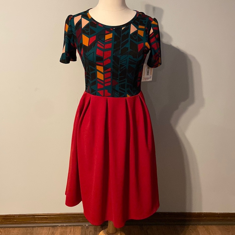 LuLaRoe Red Skater Dress with Geometric Multicolor Top
